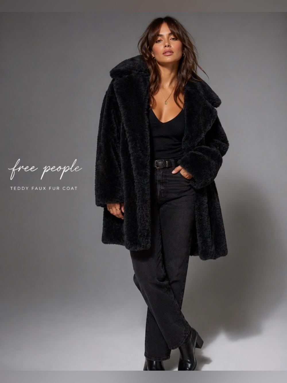 Free People Black Teddy Faux Fur Coat 
NWOT